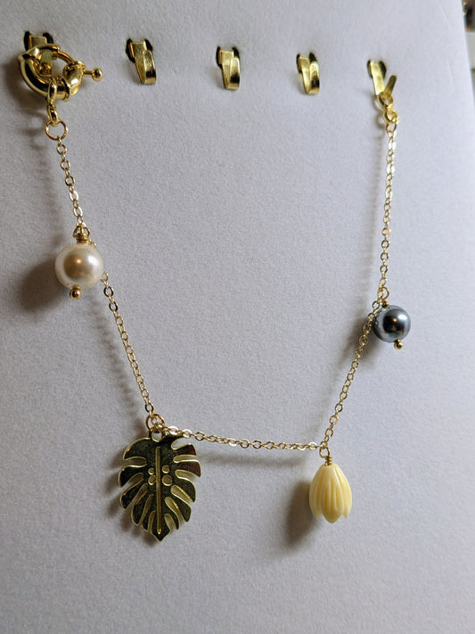 Monstera & Pikake Pearl Charm Bracelet