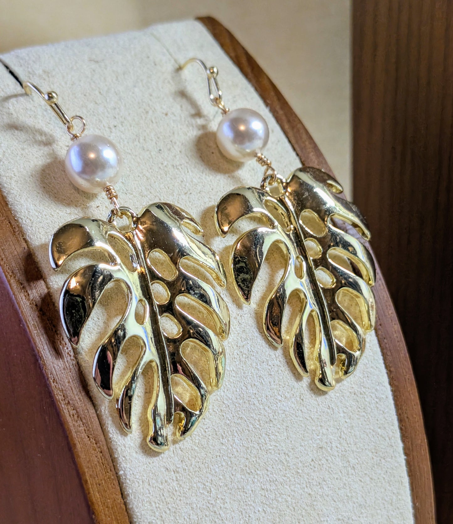 Gold Monstera and White Pearl Earrings