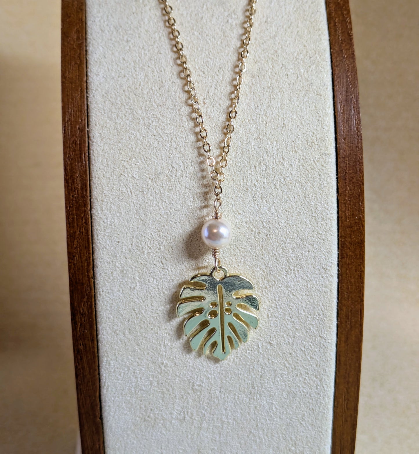 Gold Monstera and White Pearl Necklace