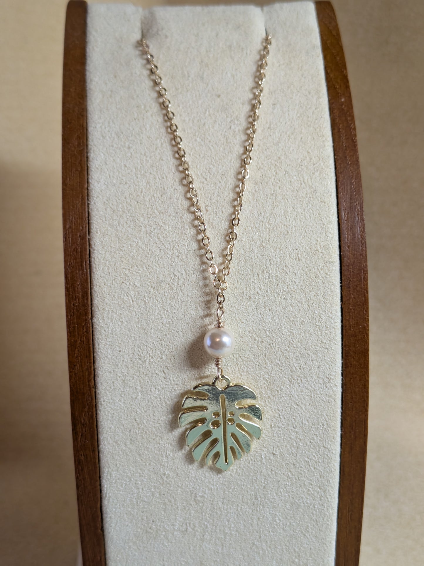 Gold Monstera and White Pearl Necklace