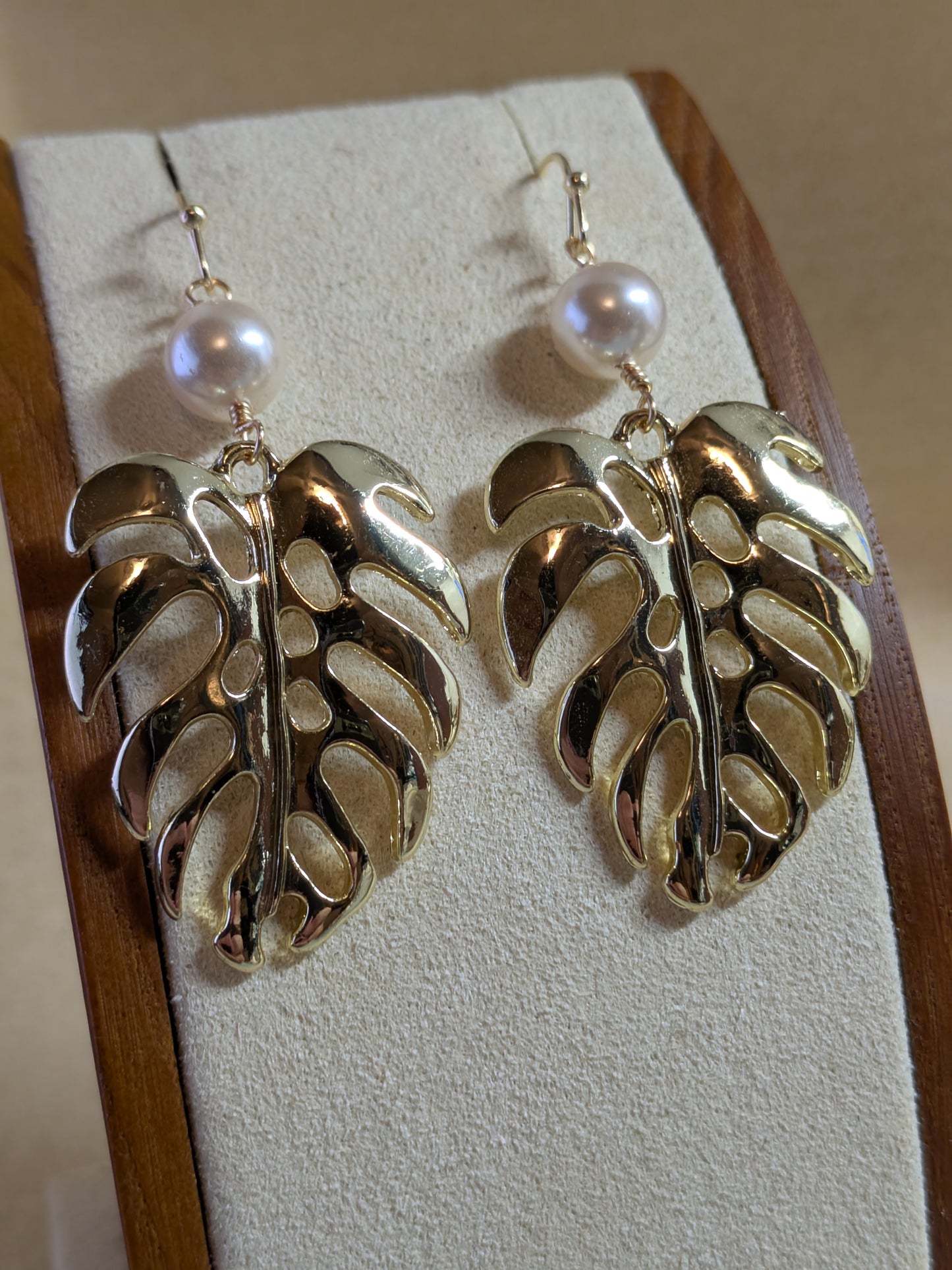 Gold Monstera and White Pearl Earrings