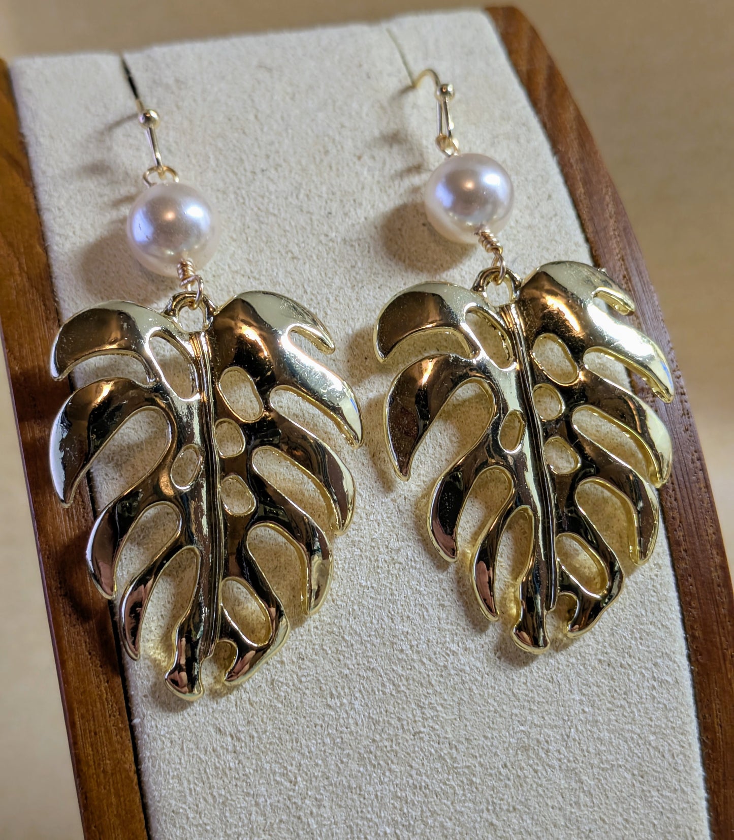 Gold Monstera and White Pearl Earrings
