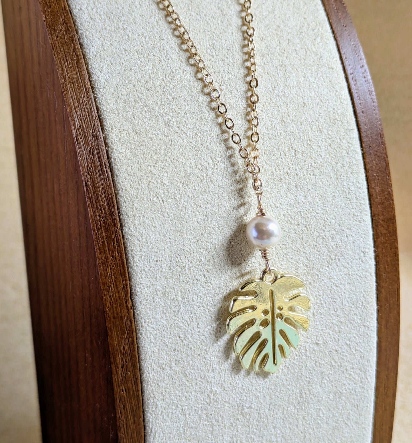 Gold Monstera and White Pearl Necklace