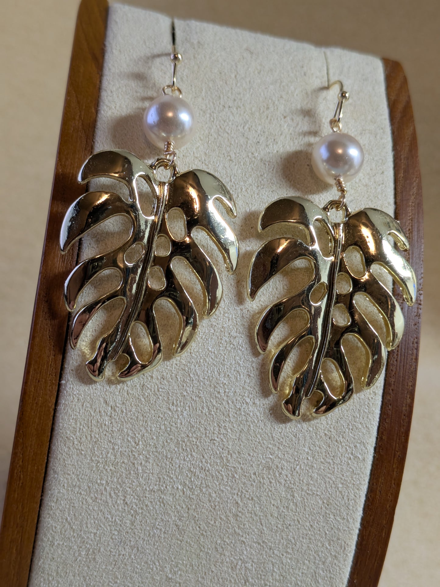 Gold Monstera and White Pearl Earrings