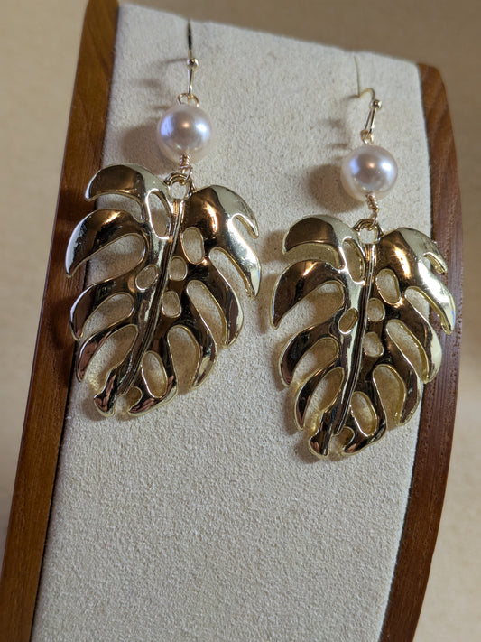 Gold Monstera and White Pearl Earrings